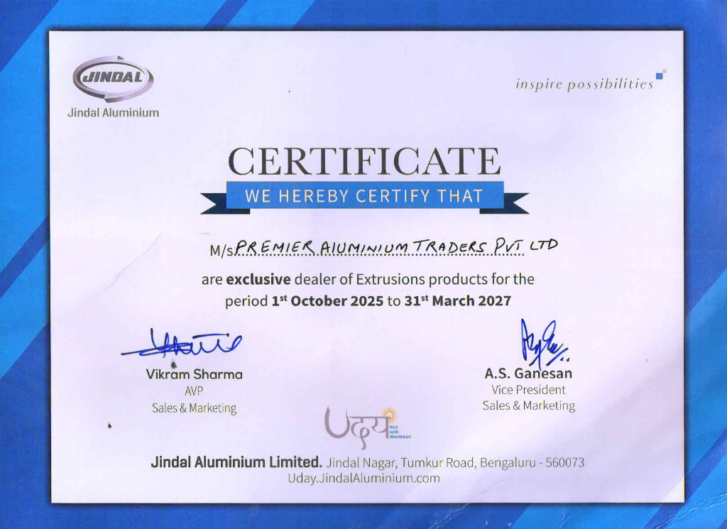 Jindal Exclusive Dealer Certificate